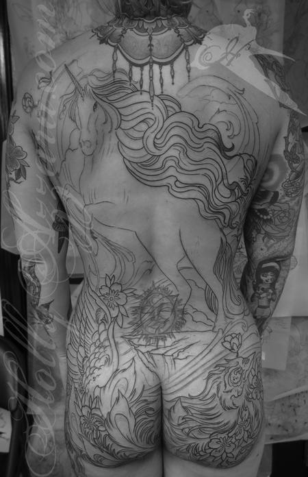 Holly Azzara - Unicorn and phoenix battle backpiece b&w